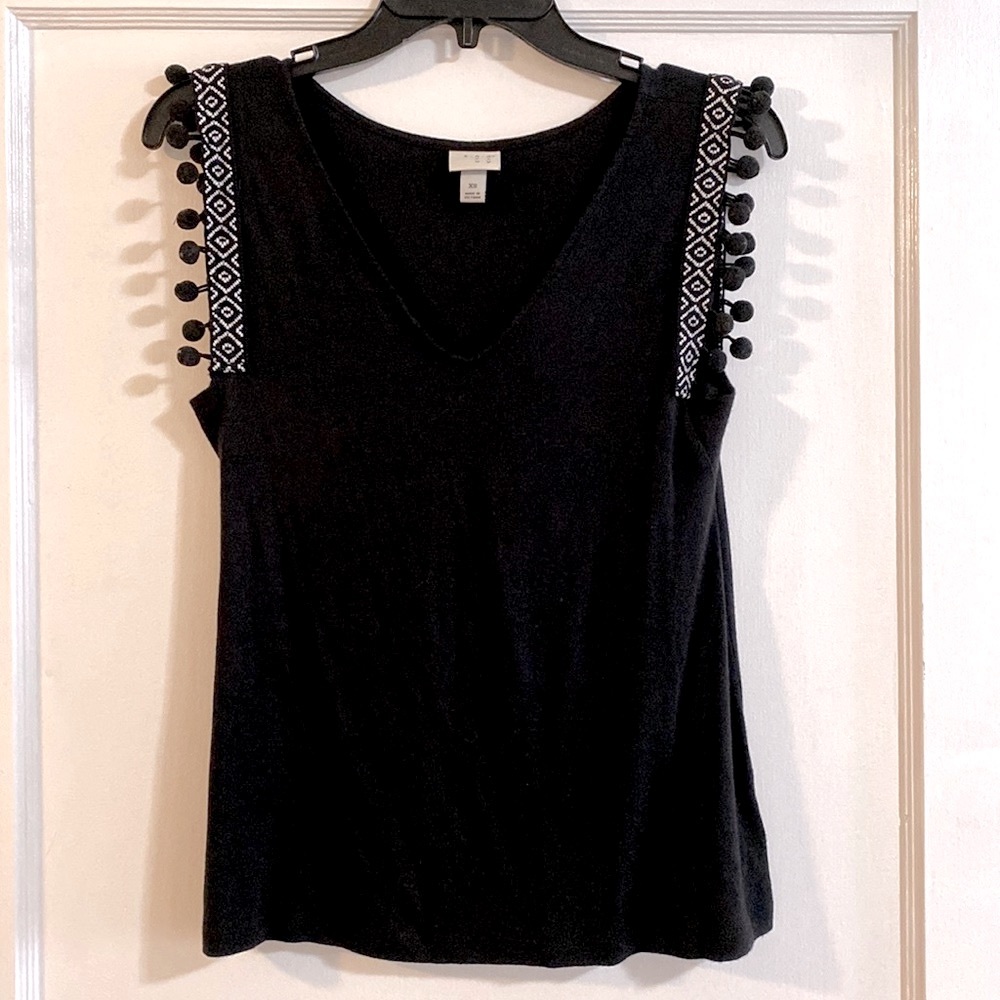 a new day Black V-Neck Tank with Pom-Trimmed Geometric Straps